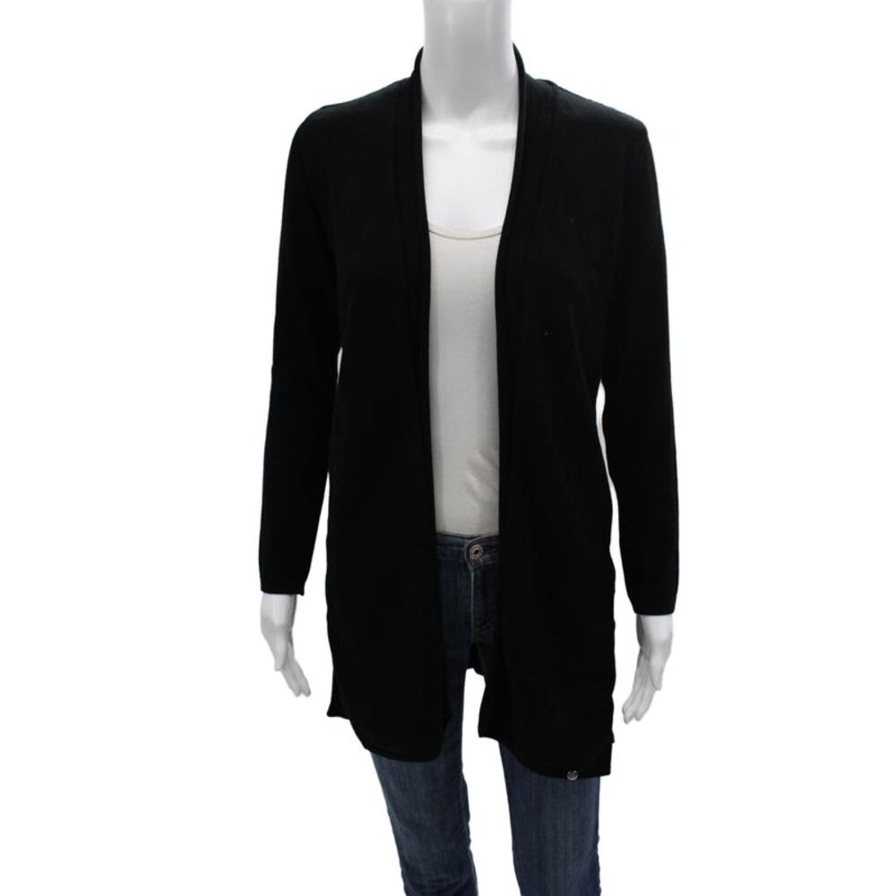 Biana Women Cardigan Black Viscose Round Neck Long Sleeve Size L
